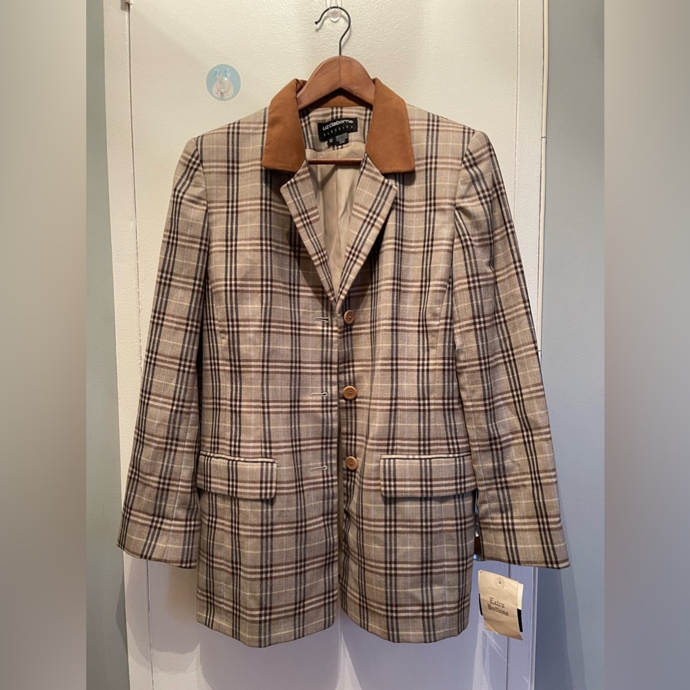 Nwt Liz Claiborne Classics Women's Plad 100% Wool Brown Blazer size 12 msrp $198